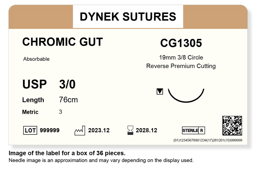 CHROMIC GUT SUTURE 3/0 19MM, 3/8RC 76CM /36