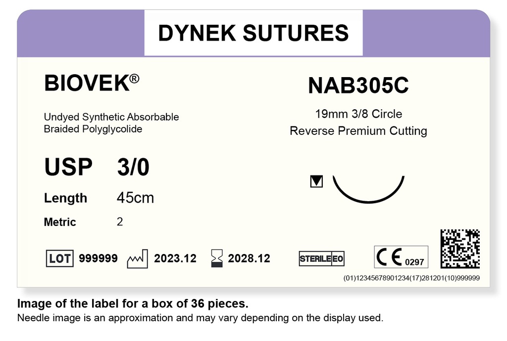 BIOVEK SUTURE 3/0 19MM, 3/8RC 45CM BEIGE /36
