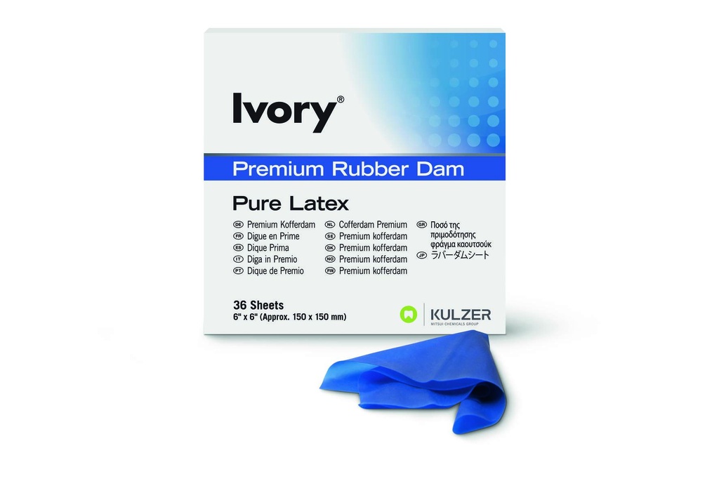  IVORY RUBBER DAM BLUE MED 6X6 PKT 36