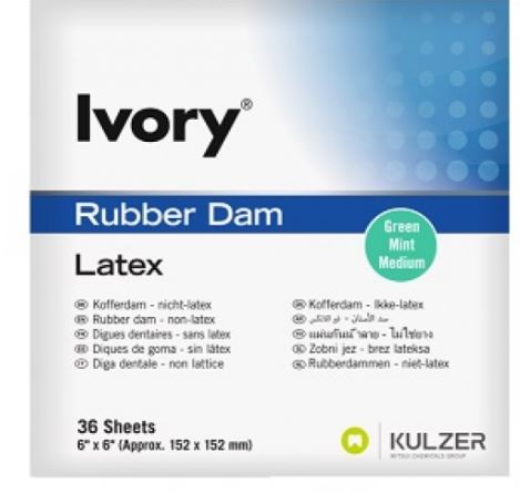 IVORY RUBBER DAM GREEN MED 6X6 PKT 36