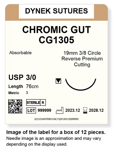 [DYCG130512] CHROMIC GUT SUTURE 3/0 19MM, 3/8RC 76CM /12