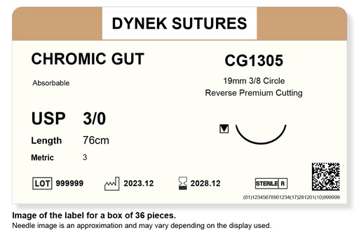 [DYCG130536] CHROMIC GUT SUTURE 3/0 19MM, 3/8RC 76CM /36