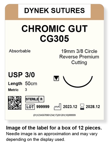 [DYCG30512] CHROMIC GUT SUTURE 3/0 19MM, 3/8RC 50CM /12