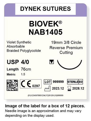 [DYNAB1405V12] BIOVEK SUTURE 4/0 19MM, 3/8RC 76CM VIOLET /12