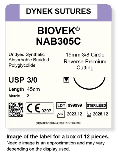 [DYNAB305C12] BIOVEK SUTURE 3/0 19MM, 3/8RC 45CM BEIGE /12