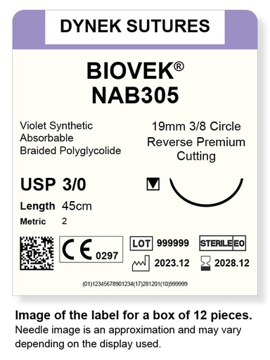 [DYNAB305V12] BIOVEK SUTURE 3/0 19MM, 3/8RC 45CM VIOLET/12