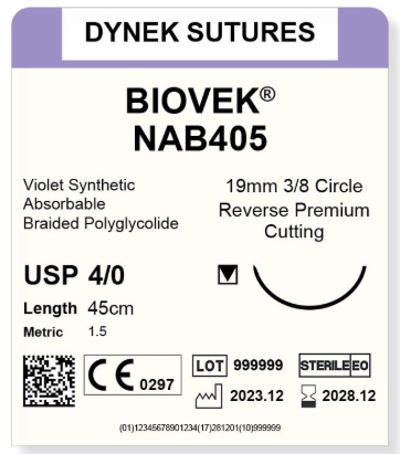 [DYNAB405V12] BIOVEK SUTURE 4/0 19MM, 3/8RC 45CM VIOLET /12