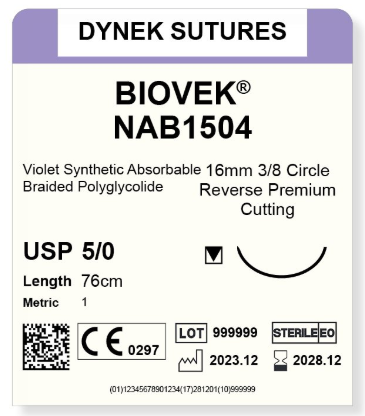 [DYNAB504V12] BIOVEK SUTURE 5/0 16MM, 3/8RC 45CM VIOLET /12