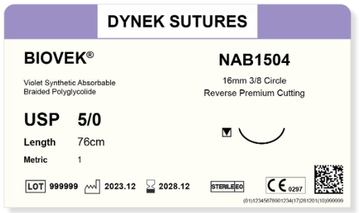 [DYNAB504V36] BIOVEK SUTURE 5/0 16MM, 3/8RC 45CM VIOLET /36