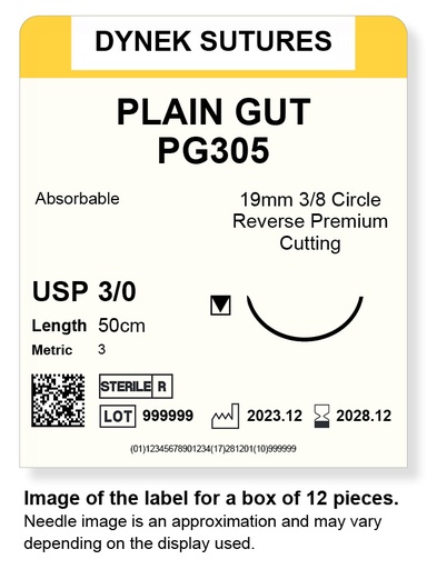 [DYPG30512] PLAIN GUT SUTURE 3/0 19MM, 3/8RC 50CM /12