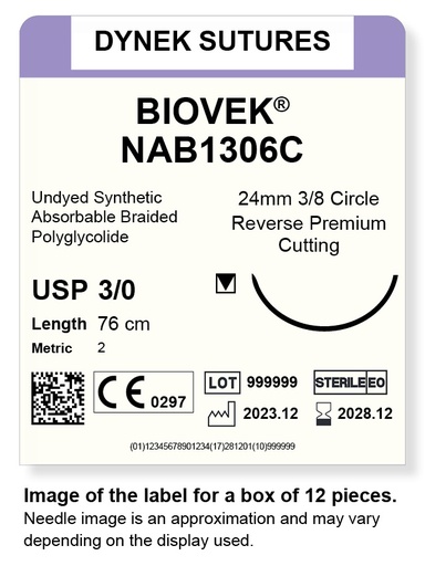 [DYNAB1306C12] Biovek Suture 3/0 24mm 3/8RC beige 76cm/12