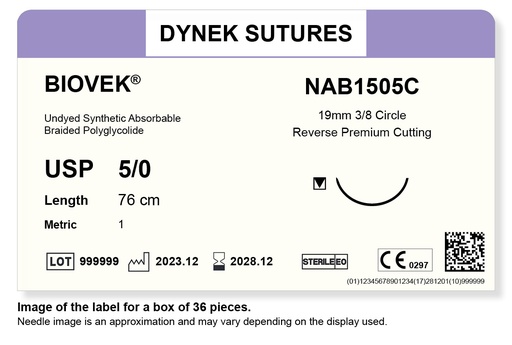 [DYNAB1505C36] Biovek Suture 5/0 19mm 3/8RC beige 76cm/36