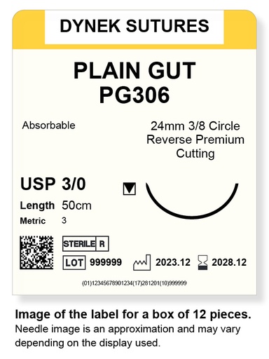 [DYPG30612] Plain Gut Suture 3/0 24mm 3/8RC 50cm/12