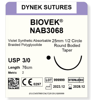 [DYNAB306812] BIOVEK SUTURE 3/0 25MM 1/2 TP VIOLET 76CM /12